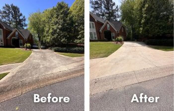 Driveway before and after pressure washing performed by Highground team
