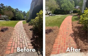 Brick pathway before and after pressure washing performed by Highground team