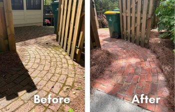 Stone patio and walkway before and after pressure washing performed by Highground team